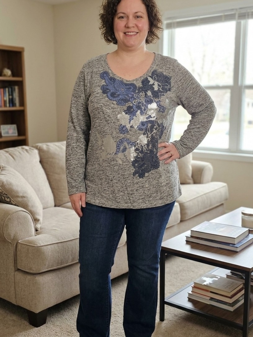 Gray Long-Sleeve Scoop Neck Top with Blue Floral Print 3X